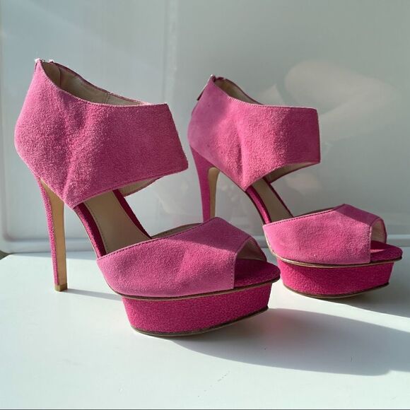 Pelle Moda Neiman Marcus Pink Suede Cutout Platform Heels NEW 8.5 - Picture 1 of 9